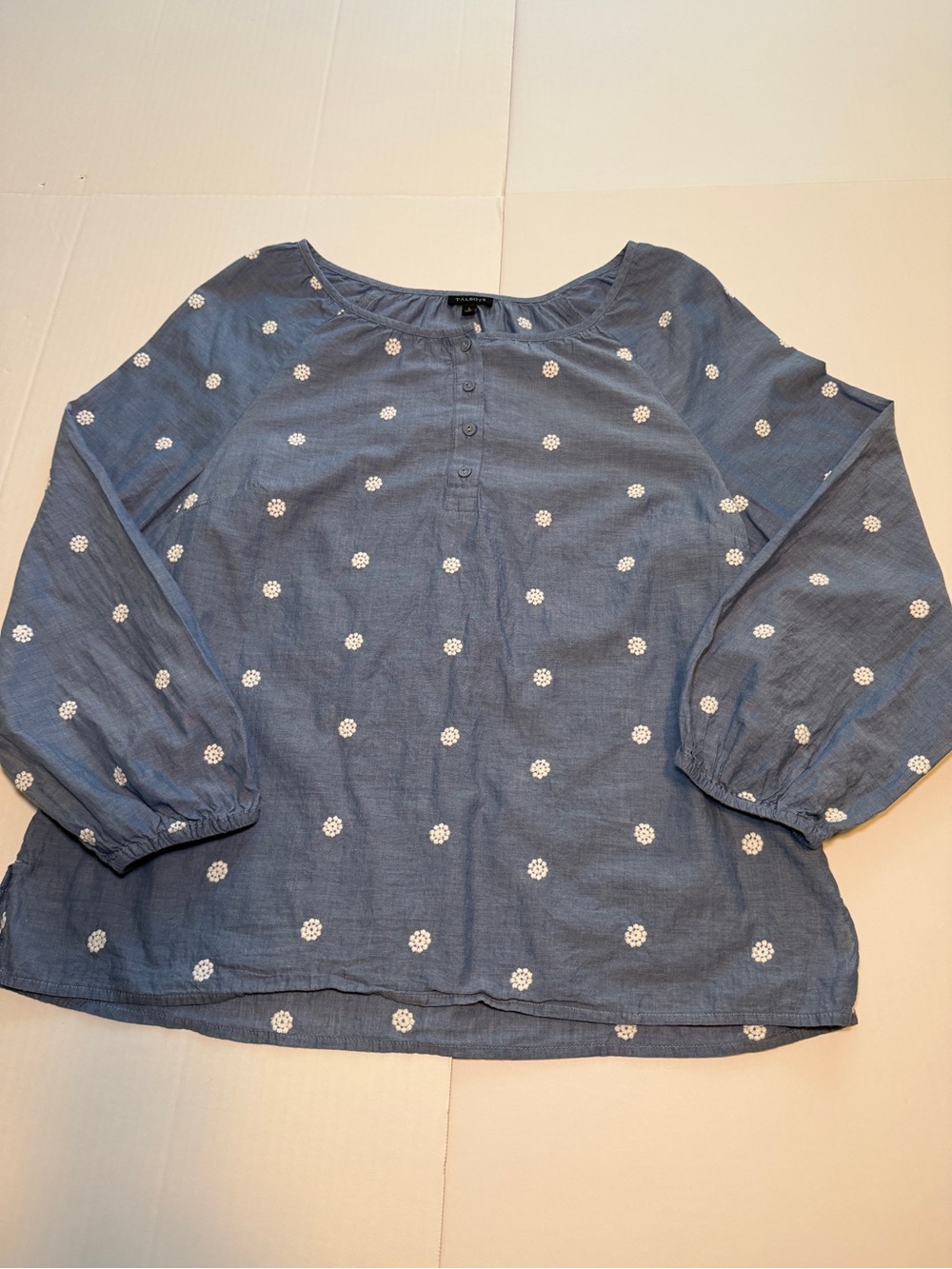 Talbots Light Blue Button-Front Blouse with White Floral Embroidery